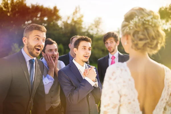 Groomsmen kijken mooie bruid — Stockfoto