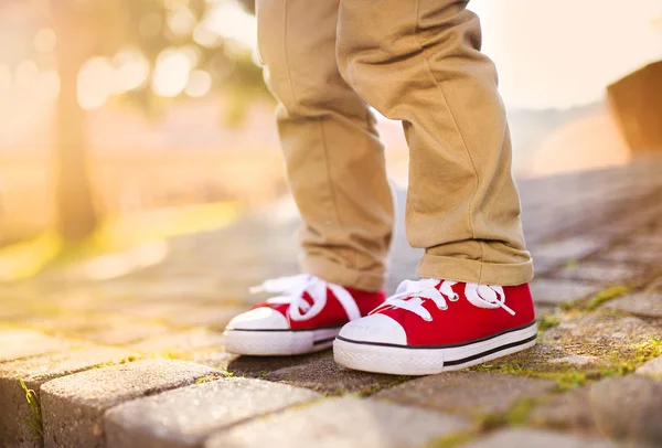 Boy standing on tiled pavement — Stock Photo, Image