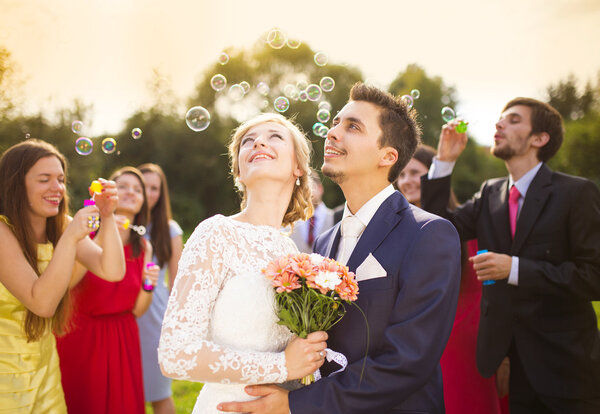 Newlyweds enjoying romantic moment togethe