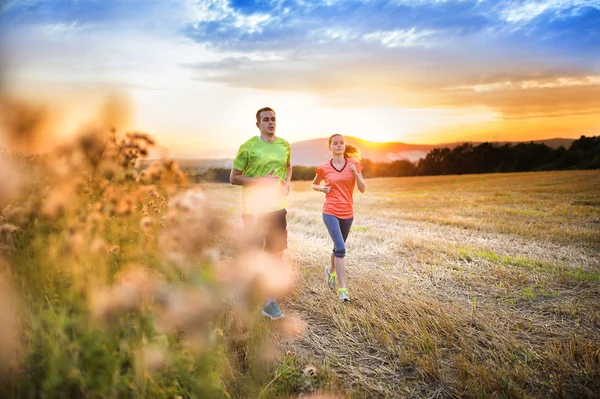 Langlaufloipe mensen uitgevoerd bij zonsondergang — Stockfoto