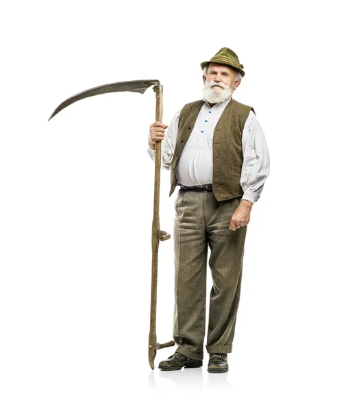 Beierse man in hoed bedrijf scythe — Stockfoto