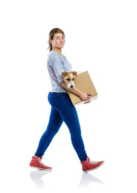 Woman with dog in cardboard box clipart