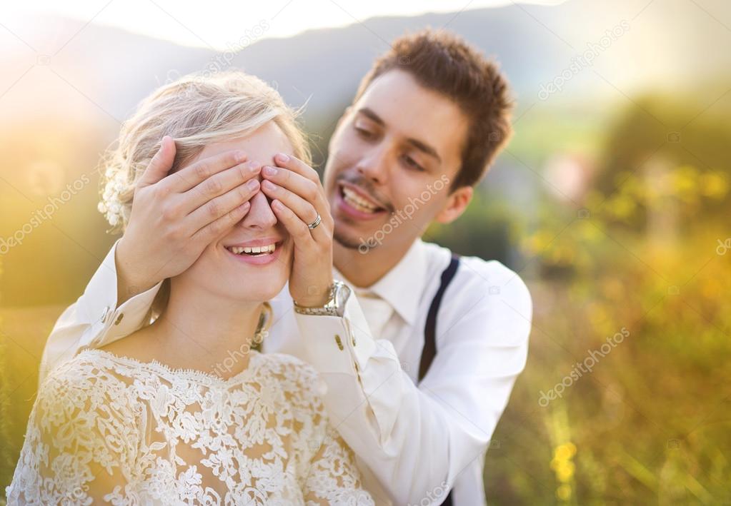 Wedding couple enjoying romantic moments