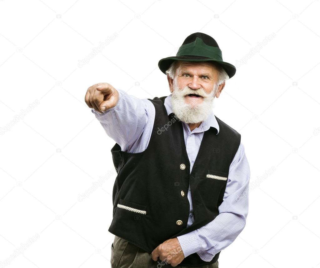 Bavarian man pointing towards camera