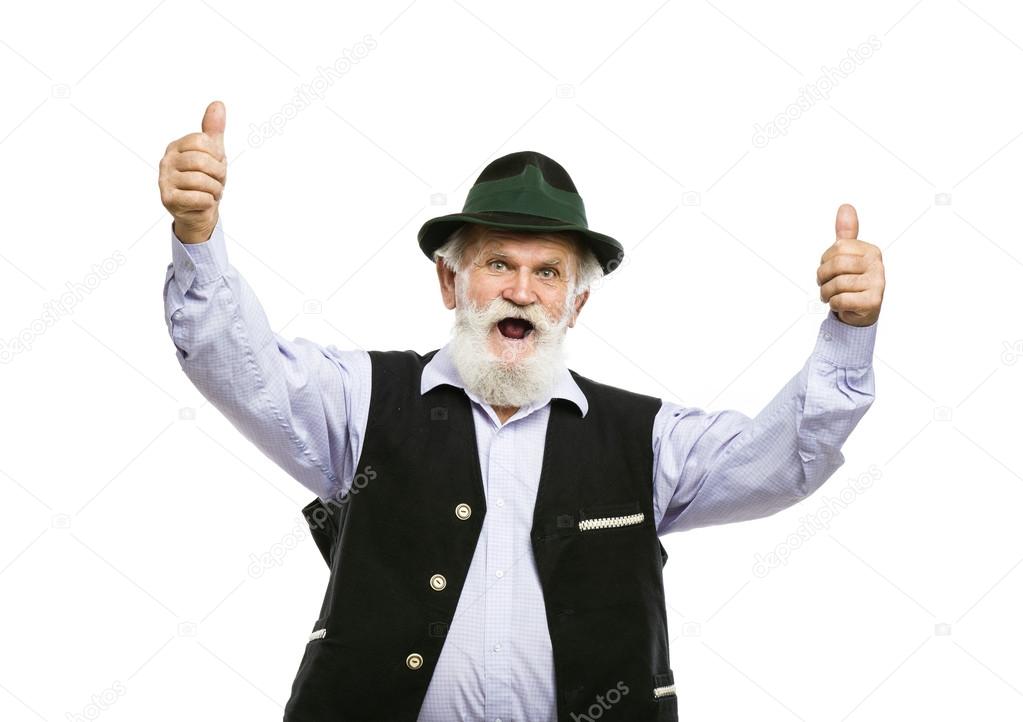 Old bavarian man with thumbs up sign