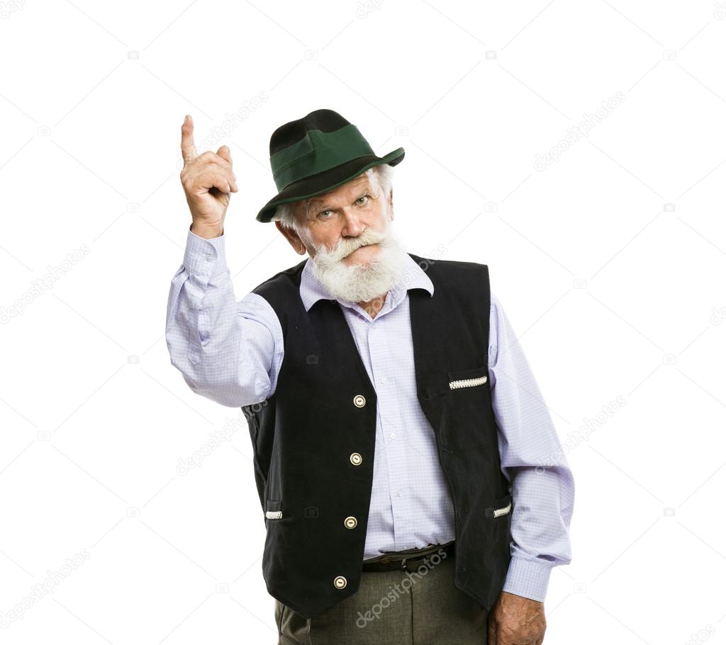 Old man in pointing upwards