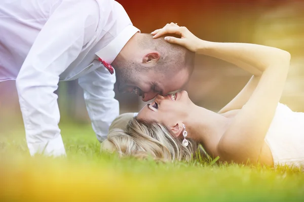 Novia y novio disfrutando del día de su boda —  Fotos de Stock