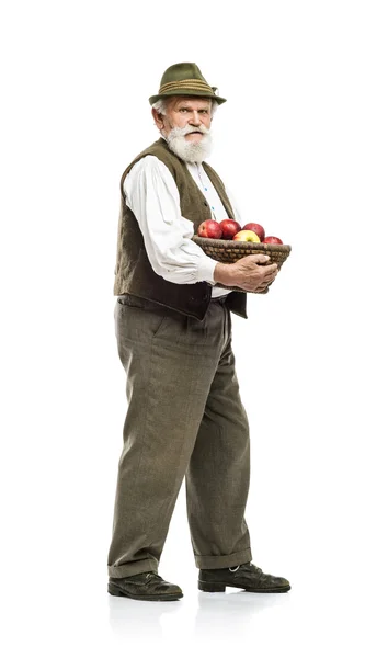 Farmer man holding basket full of apples — Stock Photo, Image