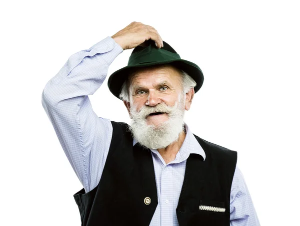 Alter Mann hebt seinen Hut in einem Grußschild — Stockfoto