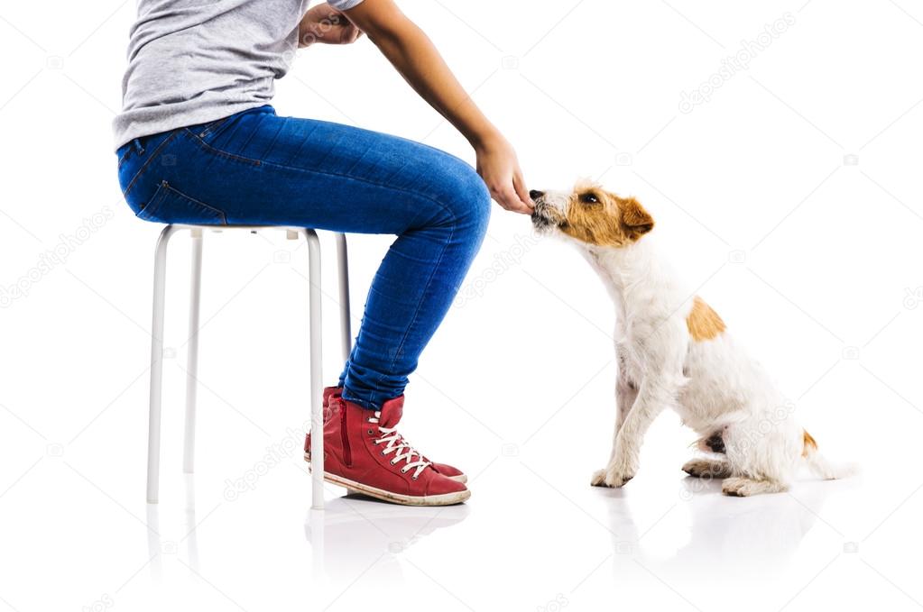 Woman feeding dog