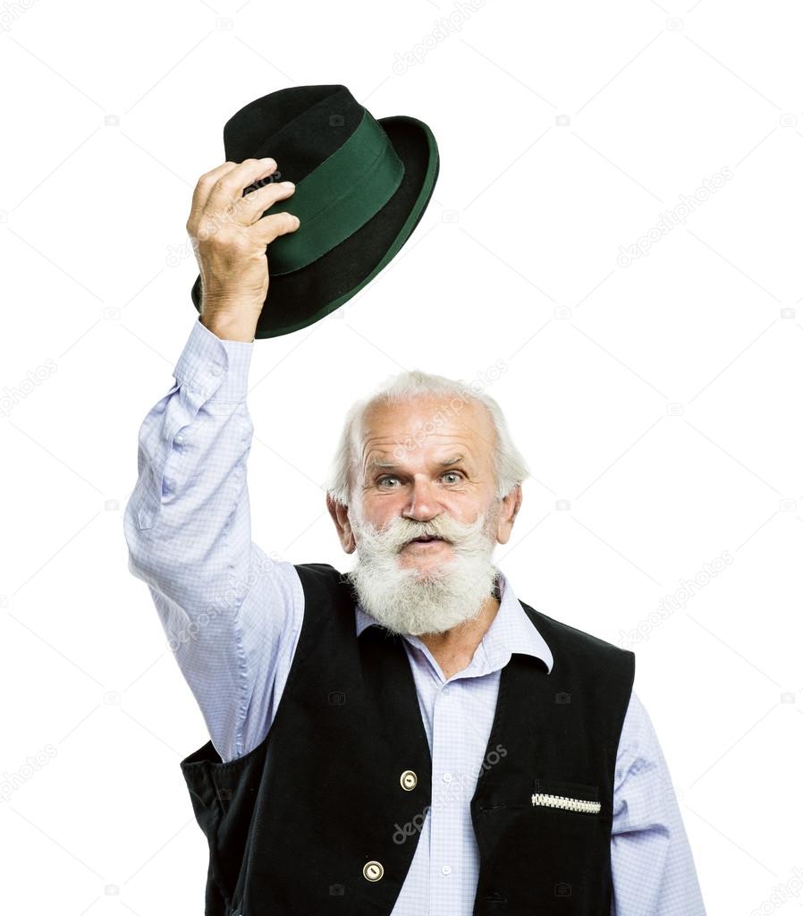 Old man raising his hat in a greeting sign