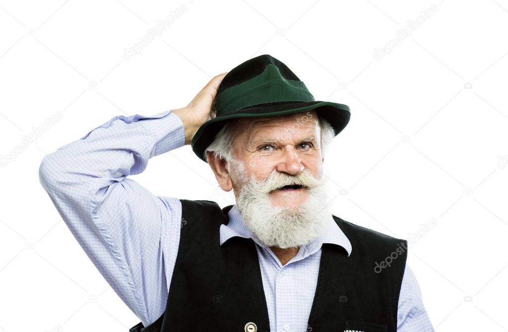 Old man raising his hat in a greeting sign