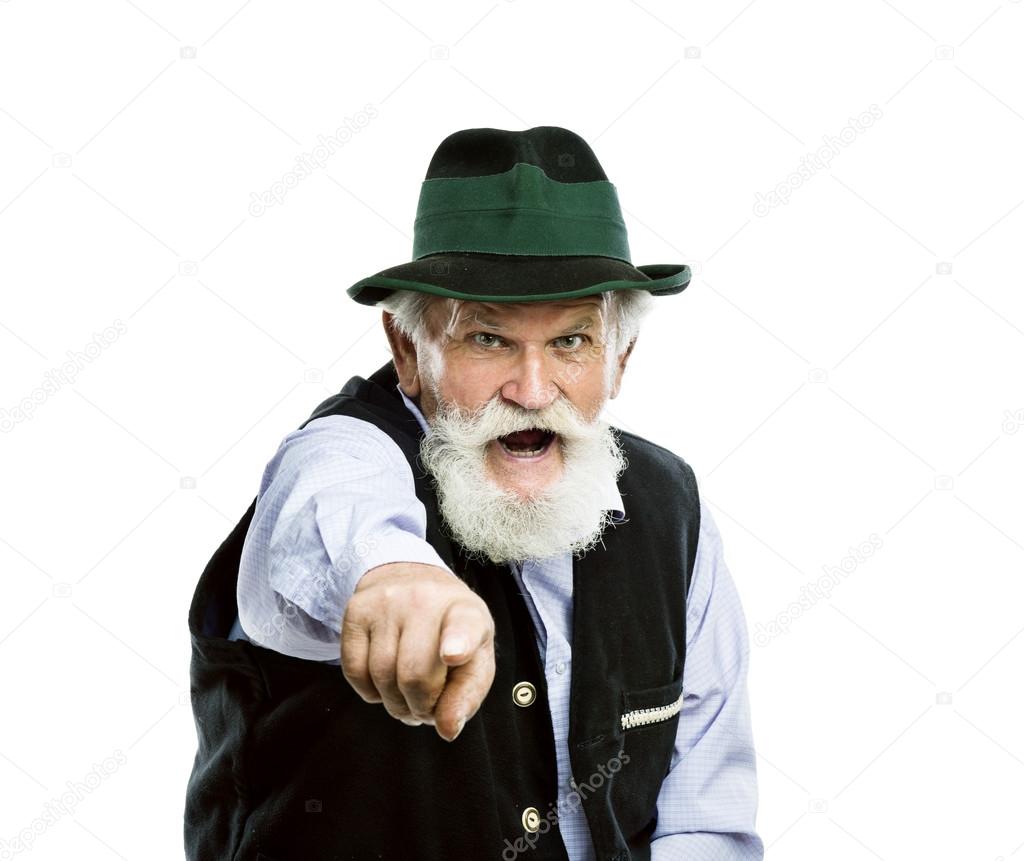 Bavarian man pointing towards camera