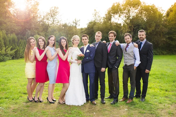 Koszorúslányok és a groomsmen napos Park — Stock Fotó