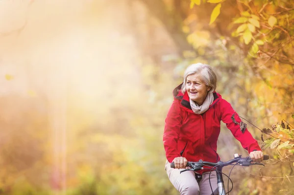 Äldre kvinna ridning cykel — Stockfoto