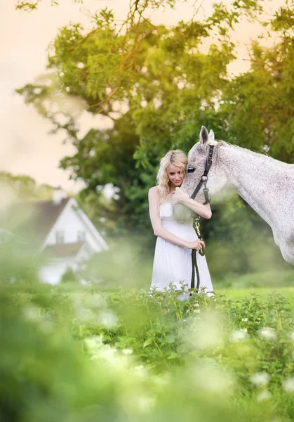 Woman walking with horse in countryside — Stock Photo, Image