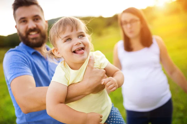 Madre, padre e hija en el prado — Foto de Stock