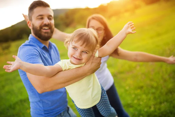 Mor, far och dotter på ängen — Stockfoto