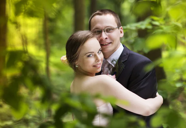 Bride and groom in forest — Stock Photo, Image