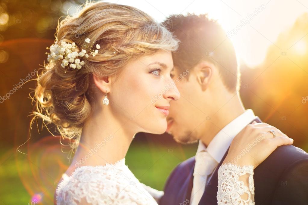 Wedding couple enjoying romantic moments