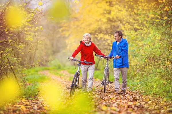 Anziani attivi che camminano con le bici — Foto Stock