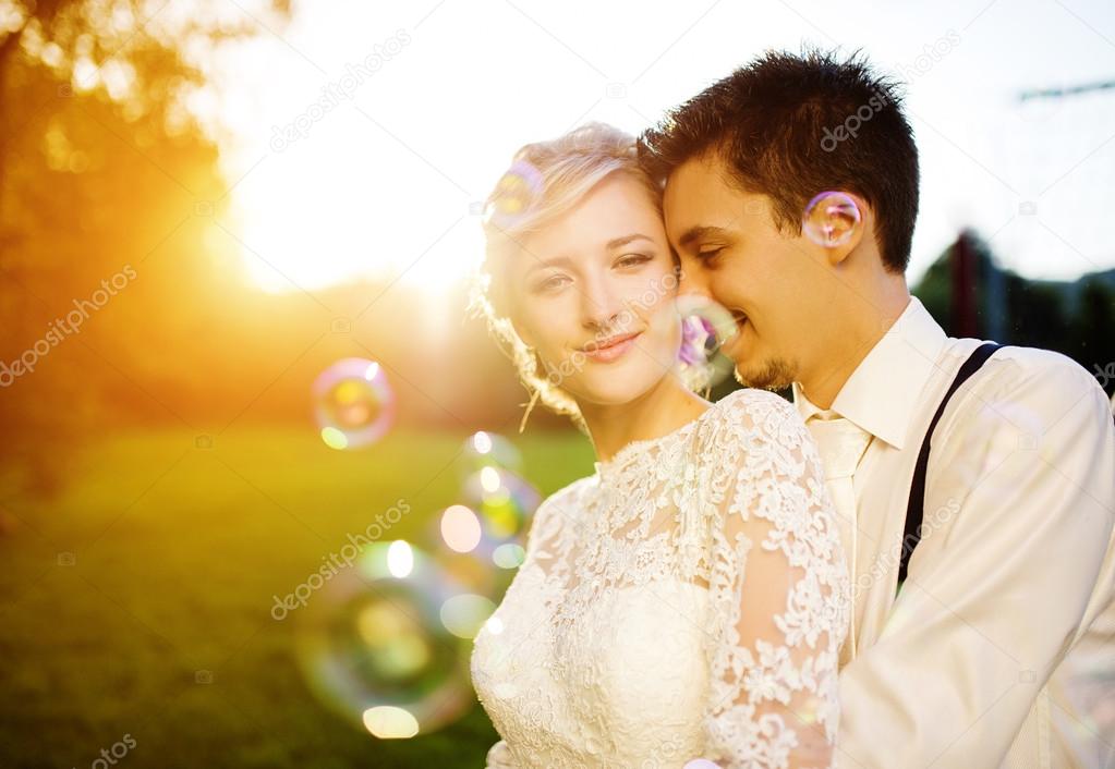 Wedding couple enjoying romantic moments