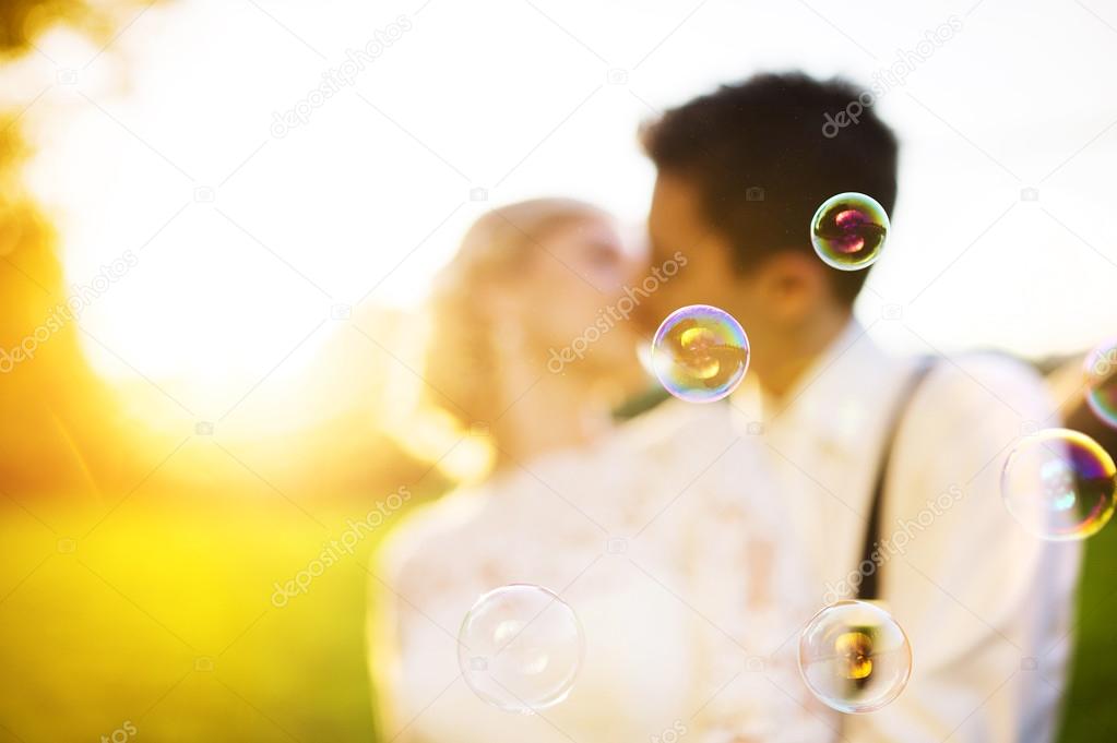 Wedding couple enjoying romantic moments