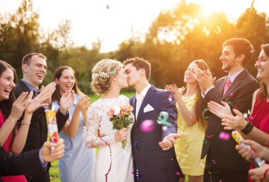 Newlyweds kissing at wedding reception clipart