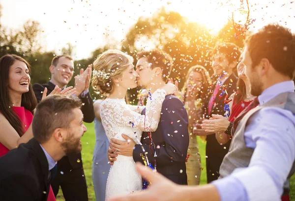 Newlyweds kissing at wedding reception — Stock Photo, Image