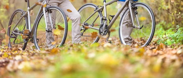 Äldre par med promenad med cyklar — Stockfoto