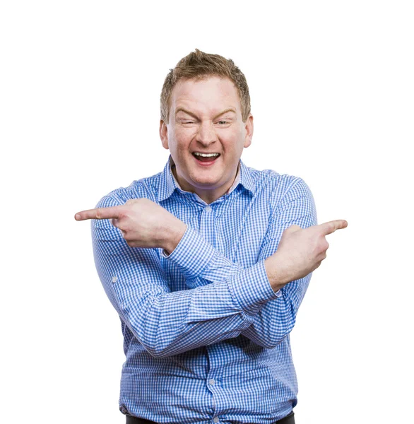 Funny man pointing on copy space — Stock Photo, Image