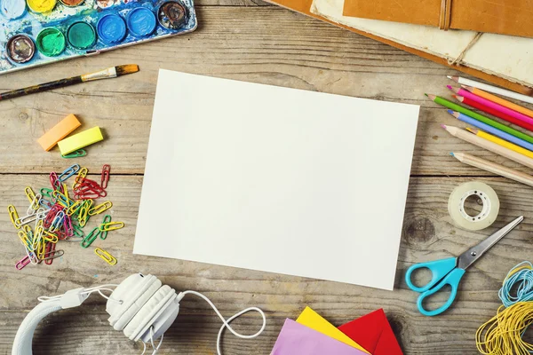 Desk lots of stationery objects — Stock Photo, Image