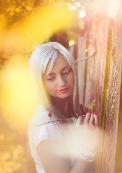 Femme près de la clôture au coucher du soleil — Photo