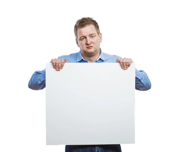 Homem segurando uma placa de sinal em branco — Fotografia de Stock