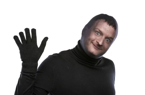 Thief in balaclava waving hand — Stock Photo, Image