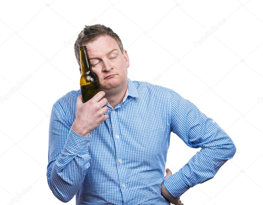 Drunk man holding a beer bottle
