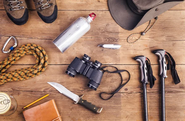 Equipments for hiking on floor — Stock Photo, Image
