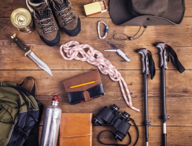 Equipment for hiking on a floor clipart