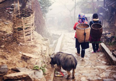 Hmong kadınlar onların köyden bir yolda