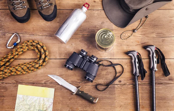 Equipment for hiking on a floor — Stock Photo, Image