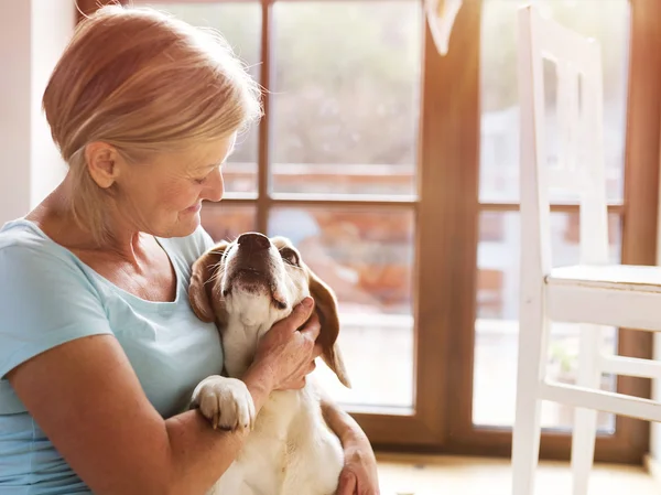 Senior woman with her dog — Stock Photo, Image