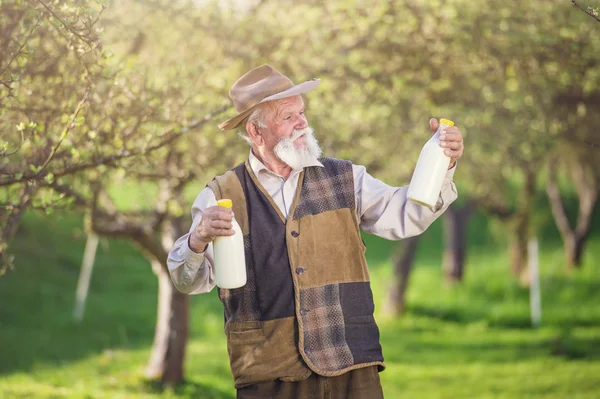 Agricultor com garrafas de leite — Fotografia de Stock