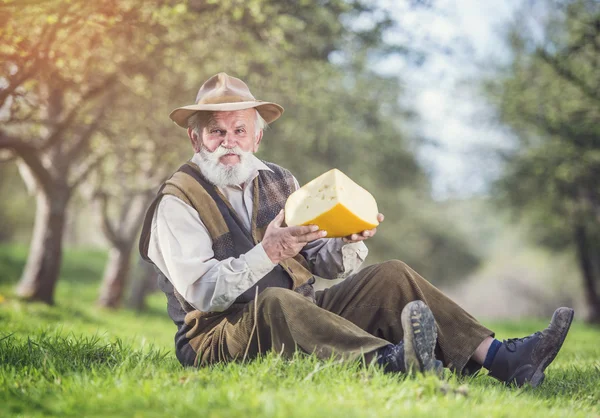 Agricultor com queijo orgânico — Fotografia de Stock