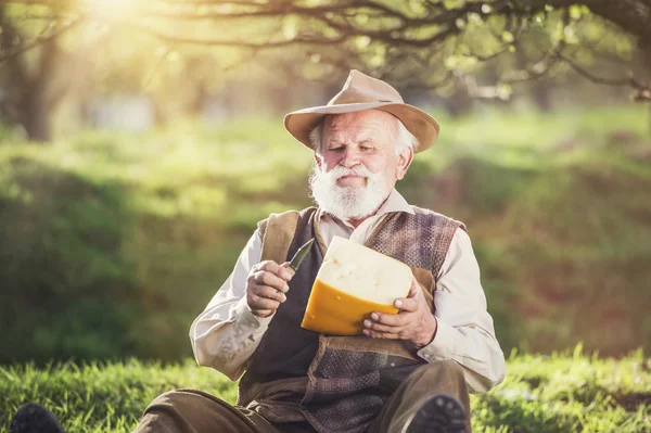 Farmář jíst sýr — Stock fotografie