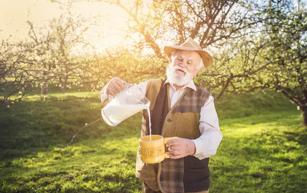 Starszy rolnik z Dzbanek mleka — Zdjęcie stockowe