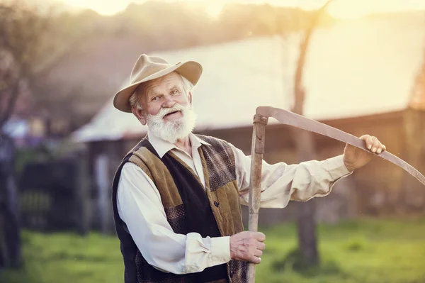 Alter Bauer mit Sense macht Pause — Stockfoto