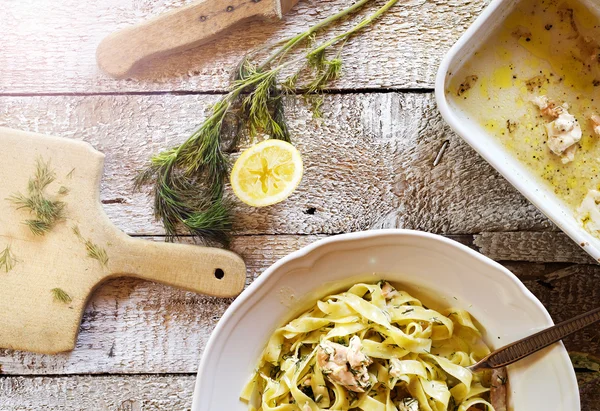 Salmon tagliatelle on a plate — Stock Photo, Image