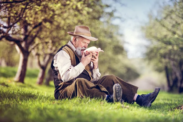 Vysocí farmář s organický sýr — Stock fotografie