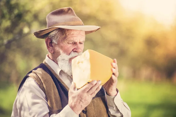 Agricultor sénior com queijo biológico — Fotografia de Stock