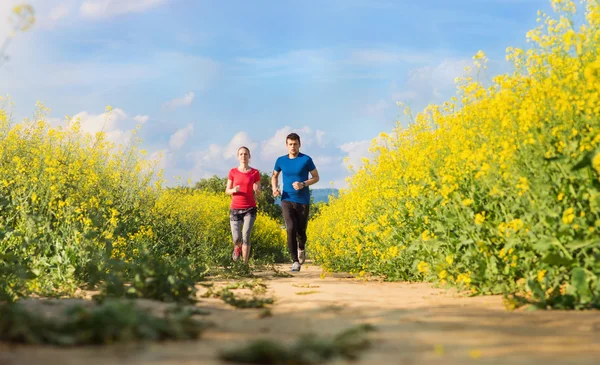 Pasangan berjalan di lapangan canola musim semi — Stok Foto